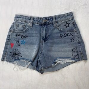 Playboy Denim Shorts Sz 1 Distressed Graffiti Doodle Rock‎ Star Daisy Dukes Mini